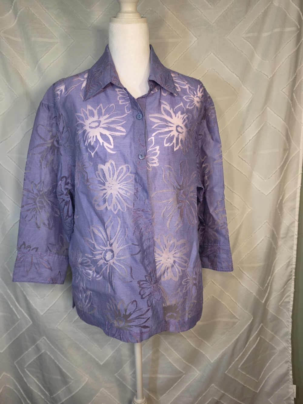 Mirasol Lavender Linen Blend Floral Sheer Button-Front Shirt